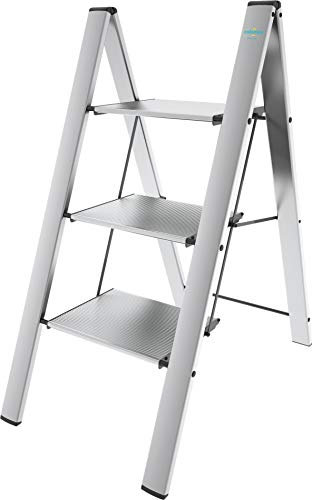 COLOMBO LEONARDO Scaletta in alluminio 3 Gradini – Scala Pieghevole Casa e Cucina, Gradini Extra Large 33x26 cm Antiscivolo, Leggero e Compatto, Design Moderno, Sicuro e Robusto – Made in Italy