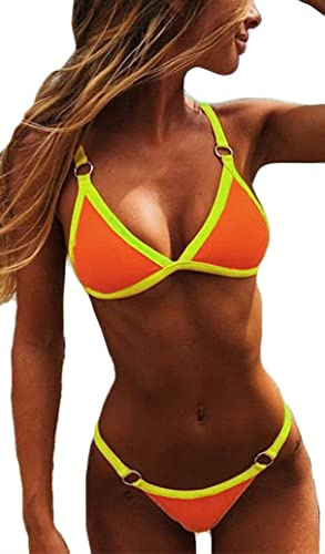 CheChury Costumi da Bagno Donna Mare Bikini Due Pezzi Push-up Reggiseno Imbottito Sportivi Bikini Brasiliano Triangolo Sexy Perizoma Soft Spiaggia,Verde Arancio,S