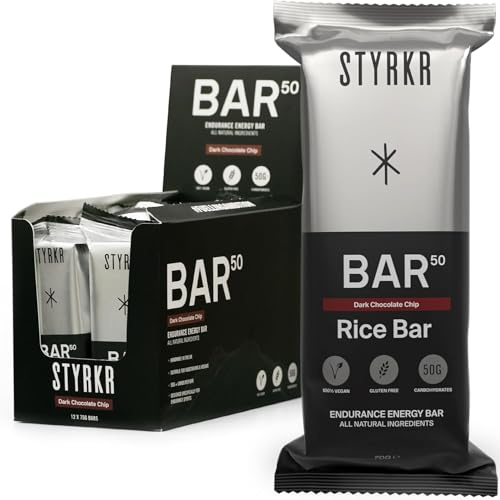 Styrkr BAR50 Energy Bars - Pack of 12 Rice Bars for Cycling & Running - Dark Chocolate Chip Flavour - Approved by Endurance Athletes - 50g of Carbs via Advanced Dual-Carb Formulation - 12x Pack