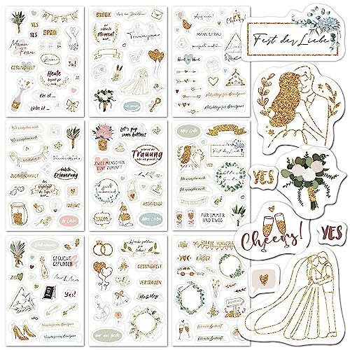 BIROYAL Sticker Hochzeit Gästebuch (180 Motive), 9 Seiten, Aufkleber hochzeit für Gästebuch Fotoalbum oder Scrapbook Wedding Deko, Sticker Fotoalbum Liebe
