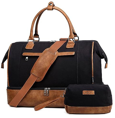 Sac de Voyage Femme, VASCHY 38.2L Sac de Sport Weekend Nuit en Toile Ouverture avec Sangle de Bagage/Compartiment à Chaussures/Trousse de Toilette pour Cabine Voyage Gymnase, Noir et Marron