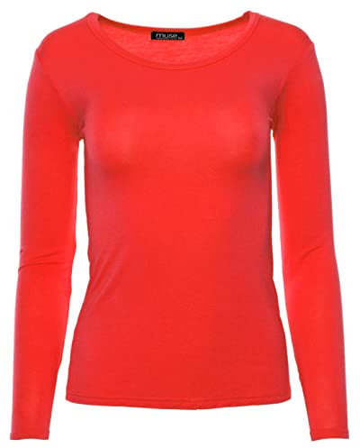 Easy Young Fashion - Damen Basic Rundhals Shirt - Langarm Unterziehshirt - Skinny Fit 1093 - Rot M