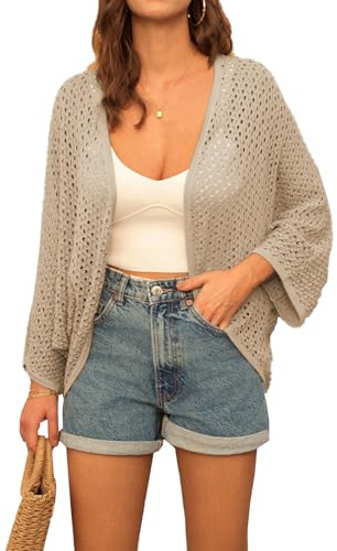 GRACE KARIN Summer Cardigans for Women UK Lightweight, 3/4 Batwing Sleeve Open Front Crochet Cardigan, Casual Loose Drape Waterfall Beach Cover Up Beige