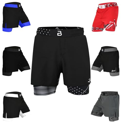 2BOLD MMA Shorts Men’s 2 in 1 Jiu-Jitsu Built in Compression Lining Athletic Gym Boxing Muay Thai BJJ No-Gi Grappling Shorts, Black-Inner, Medium