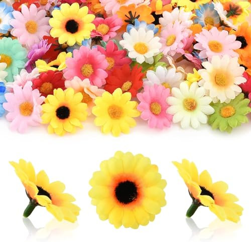 parallelower 100 Stück Kunstblumen Gänseblümchen Bunte 4cm Seide Gänseblümchen Blütenköpfe Daisy Deko Blütenköpfe für Hochzeit Feste Party DIY Scrapbook Girlande