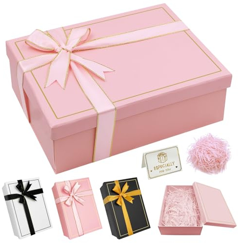 Geschenkbox, Rosa Geschenkbox mit Deckel 25 x 18 x 8,5 cm, Rechteckige Geschenkverpackung Geburtstag mit Schleife Geschenkkarton mit Deckel für Weihnachten Hochzeit Geburtstag