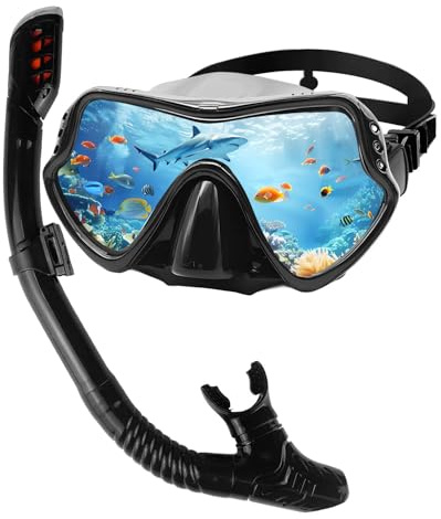 Adult Snorkeling Gear Set - Anti-Fog Scuba Diving Mask with 180°Panoramic Ultra-Clear View, Easy-Breathing Design, Professional Snorkel Mask for Adults in Black