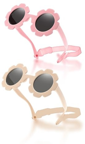 VVQWCY 2 Stück Baby Sonnenbrille mit Riemen, Sonnenbrille für Kleinkinder, UV-400-Schutz, süße polarisierte mit Blumenmuster für Babys(White+Pink)
