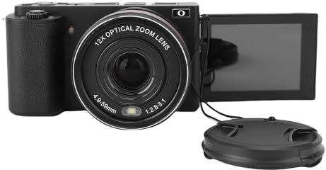 Fotocamera Digitale 5k per Fotografia, Zoom Ottico 12x, Fotocamera Vlogging da 72 MP con Schermo a Flip e Flash LED, Autofocus, Shake Anti, Angolo Largo e Lenti Macro (BLACK)