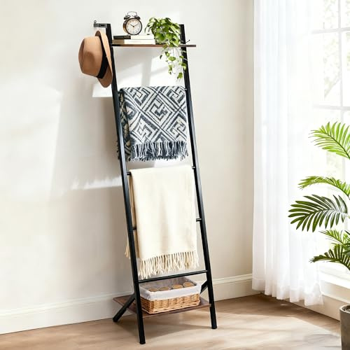 Outink 5 Tier Blanket Ladder with Shelf and Hooks, 4.8ft Metal Ladder Shelf Blanket Holder Storage Rack for Living Room, Free Standing Blanket Rack for Storage and Home Decor