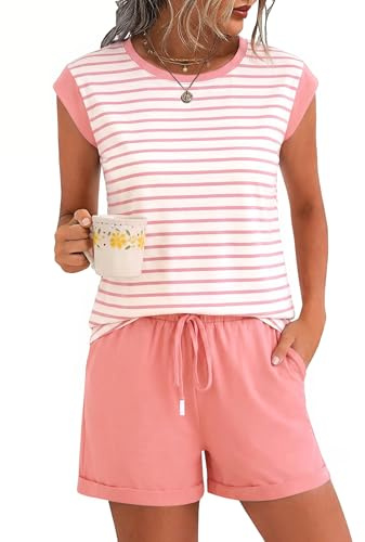 Marvmys Pyjama Femme Coton à Manches Courtes Vêtements Nuit Été | Ensemble de Pyjamas Col en V Boutons Shorts Confortable Doux S-XXL