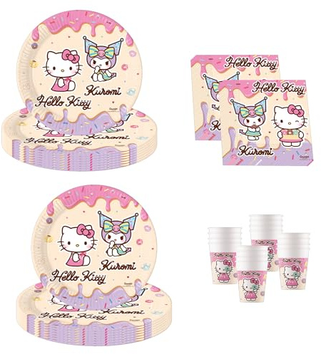 Procos – Hello Kitty & Kuromi födelsedagsdekoration, 52 delar, papperstallrikar, muggar och servetter för barns födelsedag, festservis