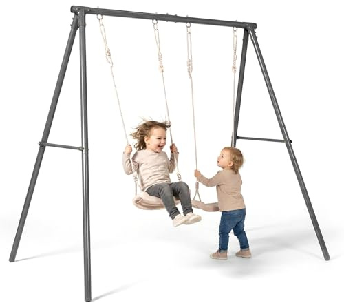 HyperMotion Doppia altalena da giardino per bambini, con regolazione in altezza, due posti, stabile struttura in acciaio, ancoraggio a terra, beige, per giardino