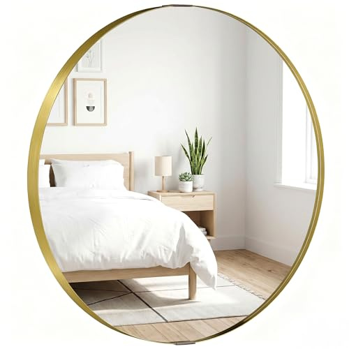 HOMCOM Round Wall Mirror 61 cm, Wall Mounted Bathroom Mirror, Gold Tone | Safety Tempered Glass, Aluminium Alloy Frame, Living Room, Bedroom, Entryway, Home