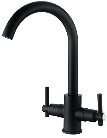 Funime® Black Kitchen Sink Taps Mixers Dual Lever Monobloc Swivel Spout Matt Black Kitchen Taps Mixer 1 Hole Twin Lever Kitchen Faucet Hot Cold Water Mixer