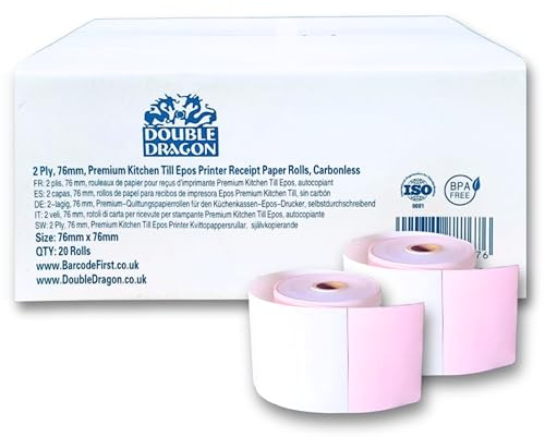 Double Dragon Rollos de Papel Autocopiativo de 2 Capas 76 mm x 76 mm, No Térmicos, para Impresoras de Cocina, Impresoras Matriciales y Cajas Registradoras – Paquete de 20 Rollos