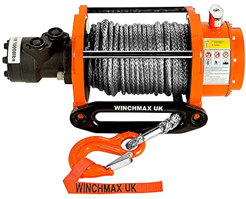 WINCHMAX 10000 LB (4536 kg) Cabrestante hidráulico en Naranja Original. Incluye arandela de Aluminio Hawse. 25m x 10mm de Cuerda Dyneema. Gancho de competición Naranja.