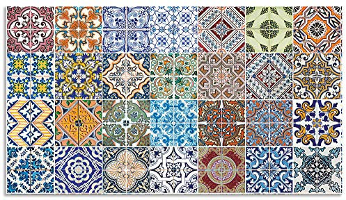 ARTland Spritzschutz Küchenrückwand aus Alu für Küche Herd Spüle 90x50 cm (BxH) mit Motiv Fliesenmuster Abstrakt Landhaus Fliesenoptik Orient Bunt T9OM