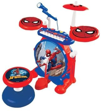 Lexibook, Spider-Man, Electronic Set for Children, Musical Toy Game, Realistic Drum Sound, 8-Keys Keyboard, MP3 Plug, seat Included, Blue/red, K610SP