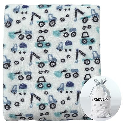 CREVENT warme Babydecke für Kleinkinder, Neugeborene, Unisex, niedlich, leicht, seidig, gemütlich, für alle Jahreszeiten, Kinderbett, Kinderwagen (75 x 100 cm, blau mit LKWs)