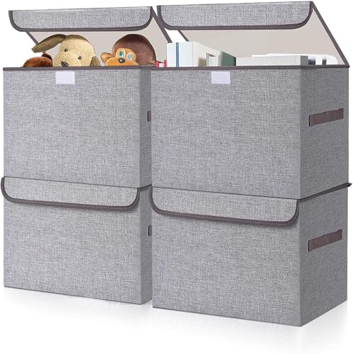 Bagnizer Large 22 Quart Linen Fabric Foldable Storage Bin Cube Organizer Basket with Flip-Top Lid & Handles, Clothes Blanket Box for Home, Office, Closet, Gray, 4 Pack 14.6 x 9.5 x 9.5”