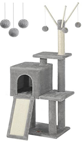 Feandrea Kratzbaum klein, Katzenbaum mit Kratzbrett, 3 abnehmbare Pomponstäbchen, 118cm, hellgrau PCT143W01