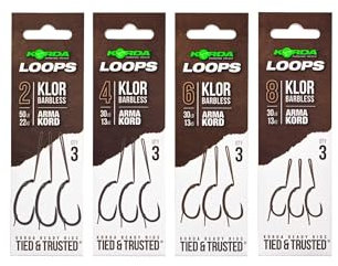 Korda - Loop Rigs Klor B 6 30lb | Barbless Carp Fishing Hook | Pre-Tied for Easy Use | 3-Pack Hook Link Sections
