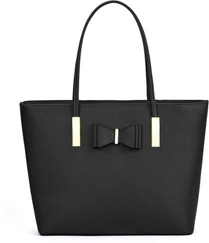 kukubird Women's Top-Handle Black Large Tote Bag Handbag Simple Shoulder Bag with Zipper for School Work Leisure-Black