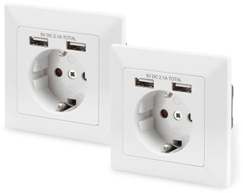 DIGITUS DA-70613 – Unterputz-Steckdose mit USB-A Ladegerät – 2 Stück – 2 USB-Buchsen – 5V / 2,1 A Gesamt – 250 V 50 Hz – Einbautiefe 32 mm – Bedingt Designfähig – Reinweiß RAL 9003