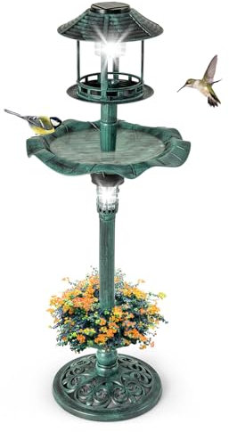 COSTWAY Bain d'oiseaux Énergie Solaire, Décoration d'Extérieur sur Pied Rétro Éclairé avec 2 Lampes Jardinière de Fleurs Mangeoire, Abreuvoir pour Oiseaux Léger pour Jardin (Bronze Vert)