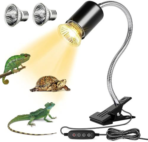 Dhqkqg Tortoise Heat Lamp,Reptile Heat Lamp with Time Cycle and Clamp Stand,2x50W UVA UVB Basking Light Reptile Heat Lamp,360° Rotatable Basking Lamp,Ideal for Aquarium Reptile/Lizards/Turtle/Snakes