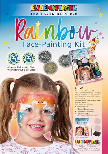Eulenspiegel 212080 - Rainbow Face makeuppalett, 12 professionella vattenfärger, 3 glitter, 2 svampar, 1 skäggstubbsvamp, 2 penslar, 1 sminkguide