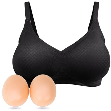 ONEFENG Silicone Breast Prosthesis with Pocket Bra, Women Breast Enhancement Wireless Mastectomy Bra for Breast Forms Bra Inserts Black