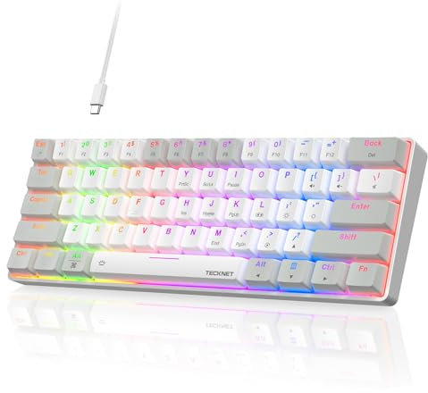 TECKNET 60% Mechanical Gaming Keyboard-RGB Backlit,Ultra Compact Mini 61 Keys Gaming Keyboard with Detachable Cable&Adjustable Stand,Portable Wired Keyboards(Grey&White)