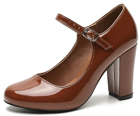 MAIERNISI JESSI Women's Mary Jane Pumps, Closed Round Toe, Block Heel with Ankle Strap Buckle, 3.54 Inch High Heel Patent Brown US 11
