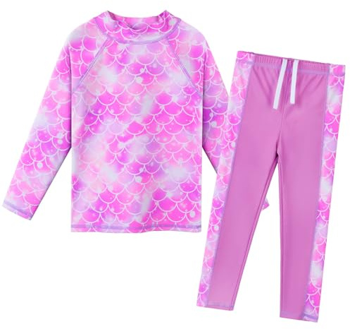ZNYUNE Fille Maillot de Bain Imprimé 2 Pièces Haut Manches Longues + Culotte Enfant Rash Guard Protection Solaire Anti-UV UPF50+ S489 PinkPurpleScale 6A