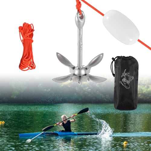 Ansobea 1,5kg verzinkter Faltanker mit 10m Ankerleine 6mm Durchmesser, PP-Boje und Karabinerhaken für Kajaks, Kanus, SUPs, kleine Boote und zum Angeln