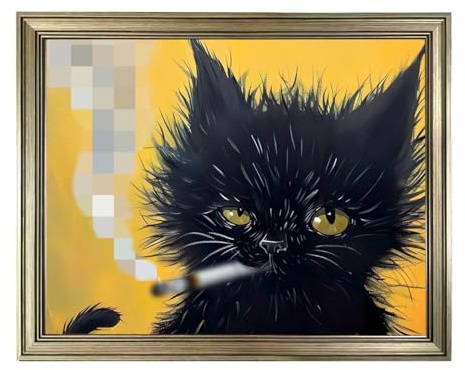 Vintage Framed Wall Decor Black Cat Painting Cat Portrait Wall Art Canvas Print Poster for Mens Room Bathroom Decor