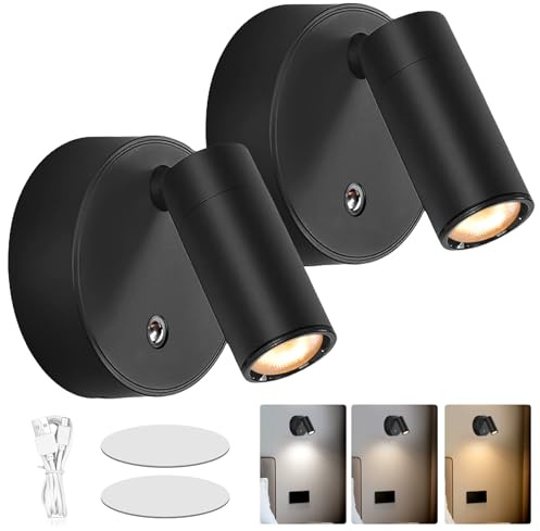 PORFOYO 2 lámparas LED de pared para interiores, lámpara de pared recargable por USB con 3 modos de color, regulable sin dirección, giro de 360°, lámpara de lectura de pared, lámpara LED de mesita de