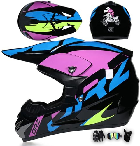 MODRYER Casco Moto Hombre Mujer Casco Integral con Visera Casco De Motocross Juvenil Adultos Cascos para ATV Downhill Off Road Quad Enduro Scooters Cruceros, con Gafas Guantes,Pink-S/52~53cm