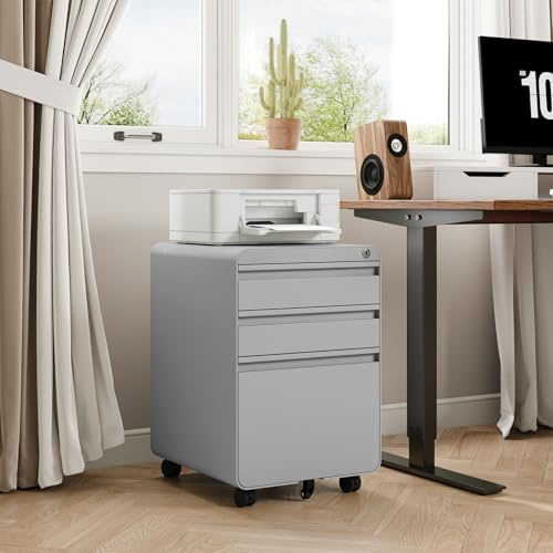 Dripex 3-Drawer Mobile Filing Cabinet, Lockable, Grey | Pre-Assembled, Steel Construction, Hanging File Rails A4/Letter/Legal File, Lockable Swivel Castors, Anti-Tilt Design