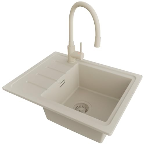 PRIMAGRAN Lavandino da Cucina Tutto Beige 55x44cm, Lavello in Granito a 1 vasca + Rubinetto 38x14cm + Set di accessori, Lavabo da Cucina Incasso al Mobile 45cm - Copenhagen Easy S034