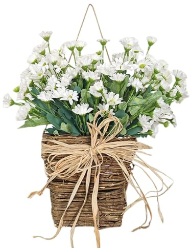 Ghirlanda primaverile per porta d'ingresso, ghirlanda floreale con cesto appeso con margherite artificiali per la decorazione primaverile della porta di casa