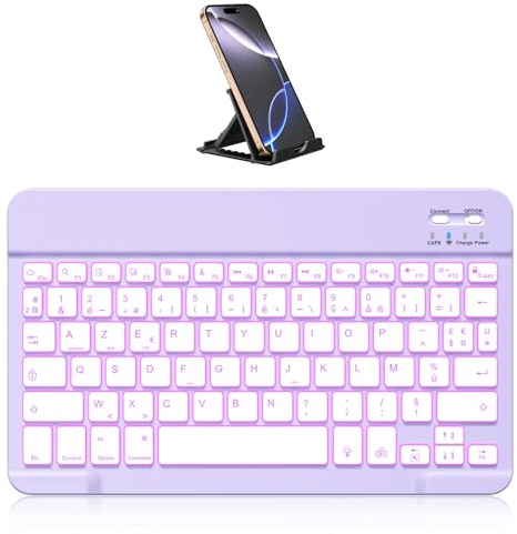 Vobafe Bluetooth Clavier sans Fil pour iPad Air/Pro/Mini/A16/11/10.9/10.2, avec Support Téléphone, Clavier Tablette AZERTY Français pour iOS/Android/Windows, Lumière 7 Couleurs, Lavande