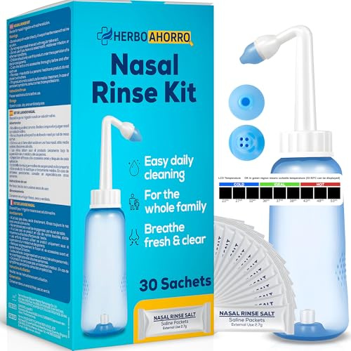 Kit di lavaggio nasale con valvola di controllo dell'acqua – Irrigatore nasale con 30 buste di sale – punte per adulti e bambini – pulizia nasale giornaliera – Include termometro – Capacità 300 ml