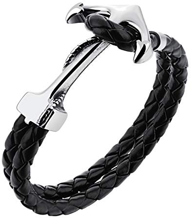 MENDOZZA Bracelet pour homme avec ancre en cuir et acier inoxydable noir argenté, 22 centimeters, Cuir