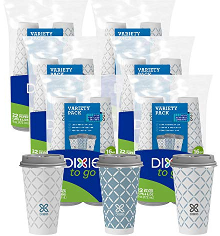 Dixie To Go Large Paper Coffee Cups With Lids, 16 Oz, 132 Count (6 packs of 22 cups), Disposable Cups For On-The-Go Hot Beverages