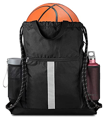 BeeGreen Drawstring Backpack Bag Sports Gym Backpack with Shoe Compartment and Two Water Bottle Holder for Men Women Large String Backpack Athletic Sackpack Workbag Black