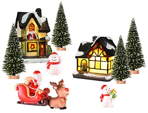 Bseical 11Pezzi Villaggio Natalizio Accessori, Paesaggio Led Illuminato Di Resina Di Regali, Porta Elfo Casette Presepe Di Decorazioni, Kit Casa