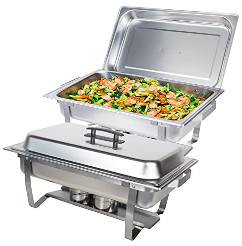 Valgus 9L Edelstahl Chafing Dish Set Buffet Chafer Speisenwärmer mit faltbarem Rahmen Kraftstoff Halter und Deckel Lebensmittel Wärmer für Parteien, Bankett, Buffets, Hochzeit 2 Pack